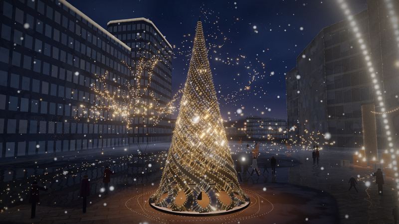 L'albero NATIVITAS 8.0 acceso, all'aperto su via Restelli, a Palazzo Lombardia