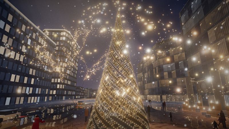 L'albero NATIVITAS 8.0 da vicino, fra le luci della piazza