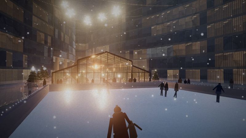 La pista sul ghiaccio, con la Cattedrale di vetro sullo sfondo
